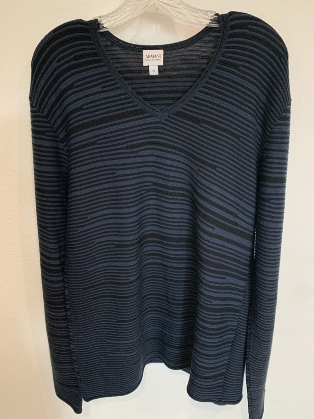 Armani Collezioni Navy & Black Striped V-Neck Sweater, Lightweight, 100% wool, M